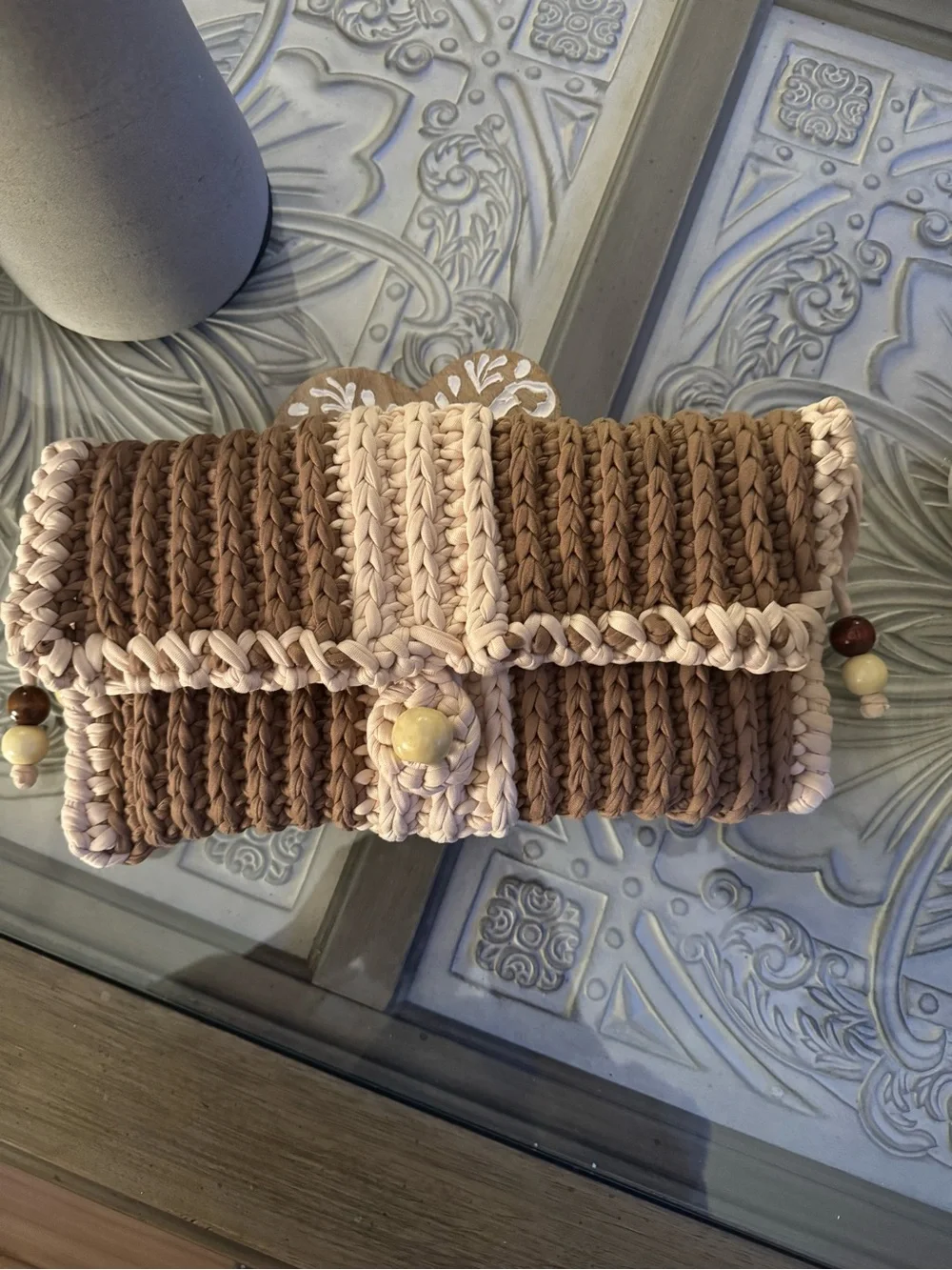Bonita Bolso Handmade Crocheted Foldover Clutch - Beige and Brown by Yvonne